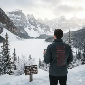 A person wearing the best heated jacket in Canada while standing in a snowy mountain landscape in Banff, Alberta.