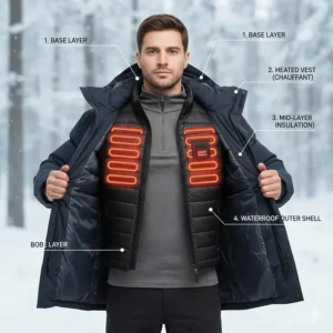 An illustration showing how to layer a heated vest under a parka for maximum insulation during a Canadian winter.