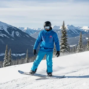 An outdoor enthusiast wearing a water-resistant heated coat while snowboarding in Whistler, British Columbia.