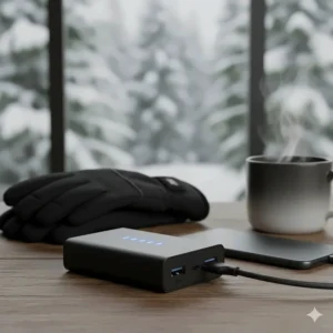 A compact 12V battery pack for a heated jacket, showing USB charging capabilities for long-lasting warmth in cold climates.
