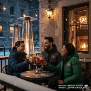 Friends enjoying a winter patio in Montreal wearing stylish heated jackets, staying warm in the "grand froid."