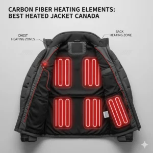 Technical illustration showing the carbon fiber heating elements in the chest and back of the best heated jacket for Canadian winters.