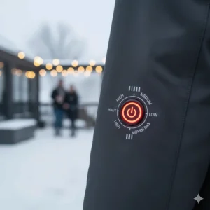 Close-up of the LED temperature control button on a heated jacket with labels for high, medium, and low heat settings.