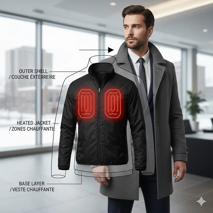 A guide showing how to layer a heated jacket for winter commute over office attire for professional Canadian commuters.