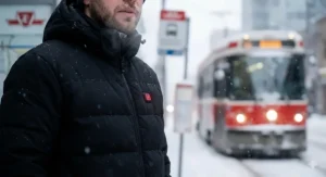 A man wearing a black heated jacket for his winter commute standing at a snowy urban bus stop in Canada.
