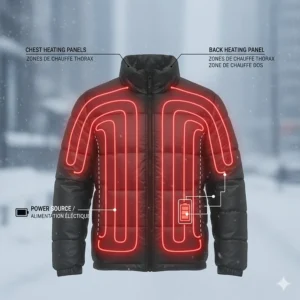 Technical illustration showing the internal heating zones of a winter jacket across the chest and back for maximum warmth.