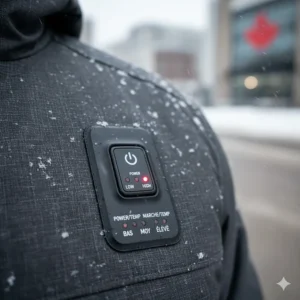 Close-up of a heated jacket power button with LED indicators, showing bilingual English and French instructions for Canadian users.