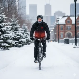 A commuter cycling through a snowy Canadian bike lane wearing a windproof heated jacket for a warm winter commute.