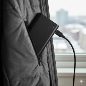 A slim, high-capacity battery pack used to power a heated jacket for long winter commutes in sub-zero temperatures.