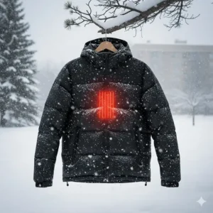 An illustration demonstrating the water-resistant outer shell of a heated jacket protecting against heavy Canadian snowfall.
