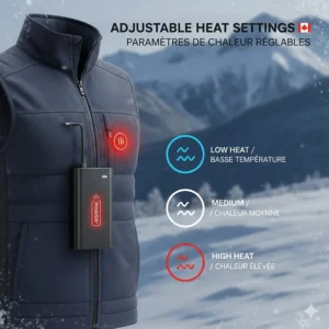 Graphic showing the three-level temperature control button on a heated vest for customized warmth in changing Canadian climates.