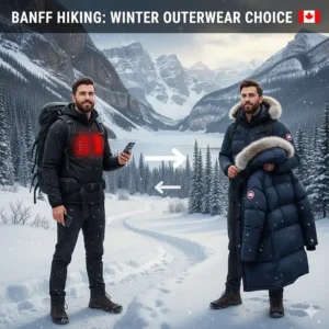 An outdoor enthusiast hiking in the Canadian Rockies choosing between a heated mid-layer and a heavy Canada Goose parka.