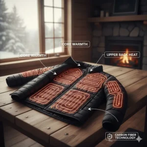 Diagram of carbon fiber heating elements in a battery heated jacket for core warmth in Canadian winters.