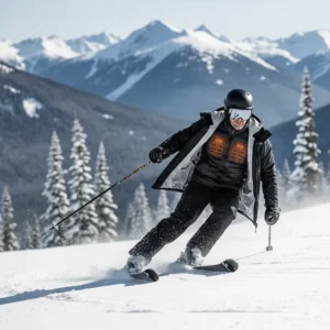 Illustration of a skier at Whistler Blackcomb using a battery heated jacket as a mid-layer for extra warmth.