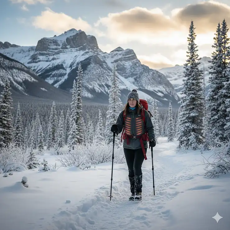 A hiker wearing a battery heated jacket in the snowy Canadian Rockies, providing warmth during extreme winter temperatures.