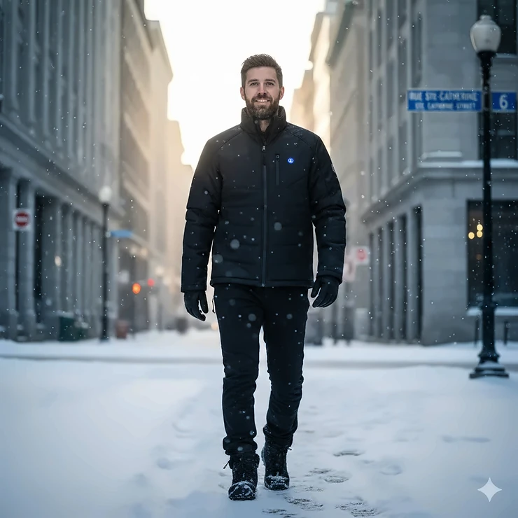 A man wearing a black battery-powered heated jacket for men walking through a snowy Canadian city. Manteau chauffant pour homme.