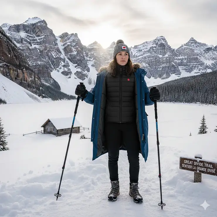 A person wearing the best heated vest for Canadian winters while hiking in a snowy mountain landscape.