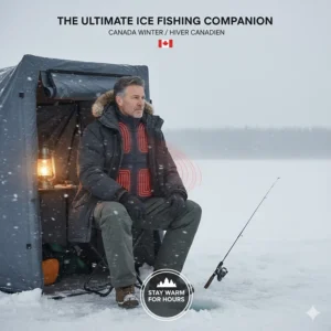 Illustration of an angler wearing the best heated vest for ice fishing on a frozen Canadian lake.