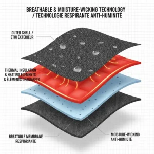 Diagram highlighting breathable, moisture-wicking fabric used in heated outerwear to prevent freezing during activity.