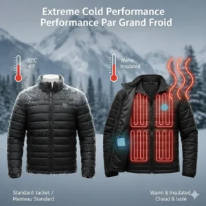 Infographic comparing heat retention of a heated jacket for men during extreme Canadian winter temperatures of minus twenty degrees.