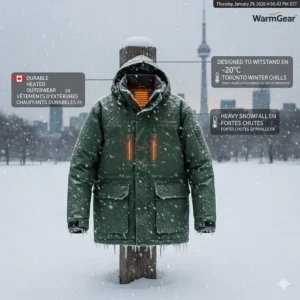 Heavy-duty heated jacket designed to withstand -20°C Toronto winter wind chills and heavy snowfall.
