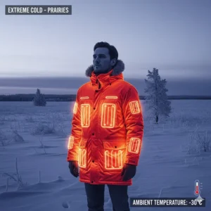 Thermal map illustration showing heat retention of a parka in minus 30 degree Celsius weather.