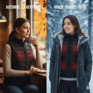 An illustration showing how a heated vest or jacket works for both autumn "rentrĂŠe" and deep winter layering in Canada.
