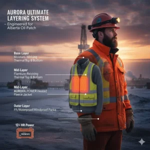 Diagram of a moisture-wicking layering system featuring a heated jacket for oil and gas workers.