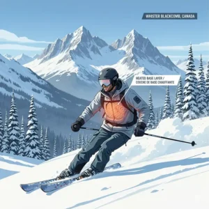 A stylized graphic of a skier at a Canadian resort staying warm with a heated base layer set.