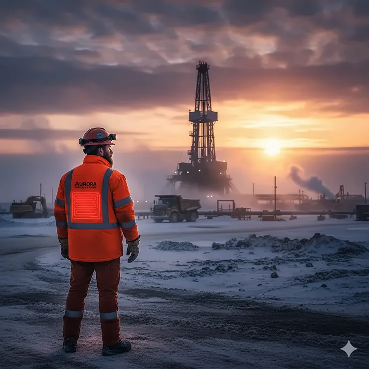 A worker wearing a CSA-compliant heated jacket on an Alberta oil field site during a cold winter morning. heated jacket alberta oil field