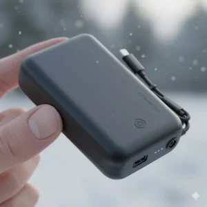Detail of a heated jacket power button with LED indicators for high, medium, and low heat settings.