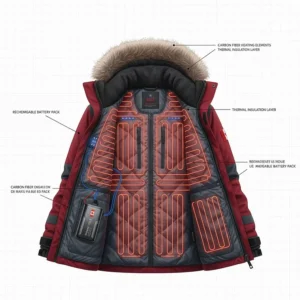 Technical diagram showing the interior carbon fiber heating elements of a jacket designed for Northwest Territories winters.