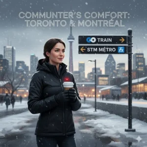 An illustration of a professional waiting for the GO Train or STM Metro in the cold, highlighting the convenience of heated apparel for Canadian commuters.