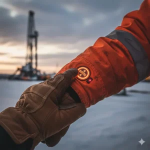 Easy-to-use heat control button on a work jacket, accessible while wearing heavy-duty winter work gloves.