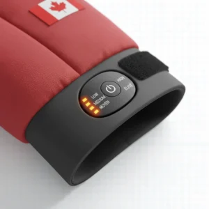 Close-up of a heated jacket's LED thermal control button with English and French temperature indicators.