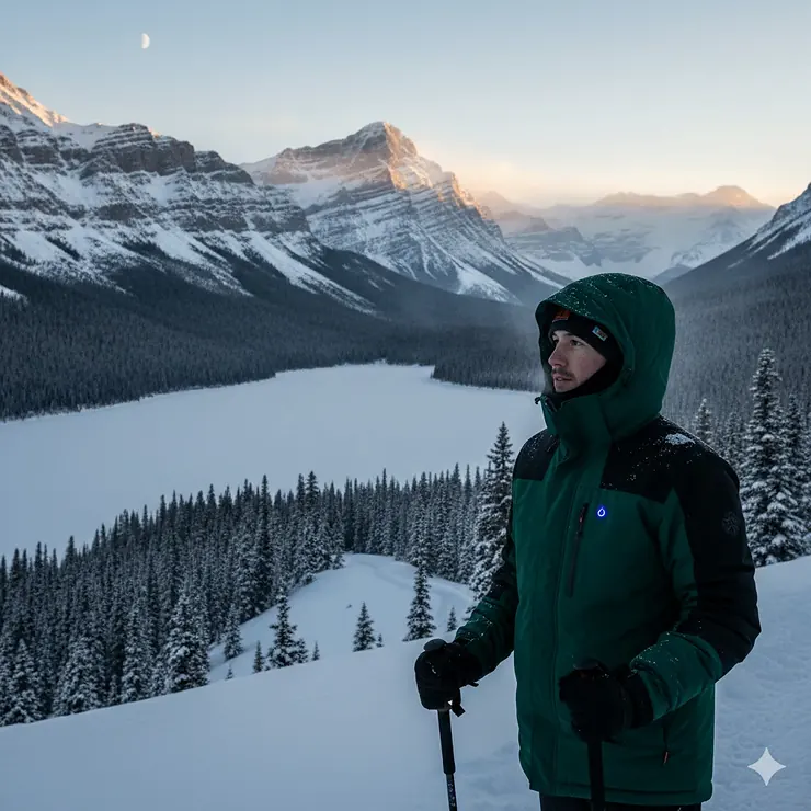 A person wearing a high-performance heated jacket for extreme cold while hiking through a snowy evergreen forest in the Canadian Rockies.