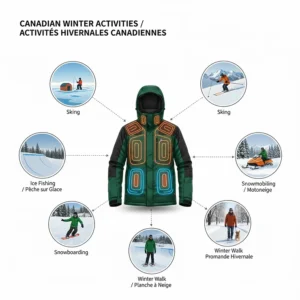 Icons representing Canadian winter activities like ice fishing, skiing, and snowmobiling using a heated jacket for extreme cold.