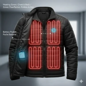 Technical illustration of a heated jacket for men showing carbon fiber heating elements in the chest and back with a slim-fit battery pack.