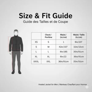 Accurate size and fit guide for a men's heated jacket including chest and waist measurements for Canadian customers.