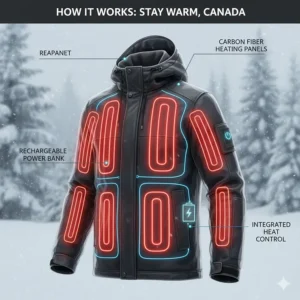 A technical diagram showing carbon fiber heating zones in the chest and back of a winter coat, explaining how the technology keeps Canadians warm.