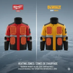 Diagram showing chest and back heating zones of Milwaukee vs DeWALT jackets for maximum warmth in sub-zero temperatures.