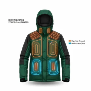 Diagram showing carbon fiber heating elements in a heated jacket designed for extreme cold temperatures.