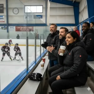 A group of Canadian hockey parents wearing black heated jackets with glowing power buttons sitting comfortably in a cold community arena while watching a youth game.