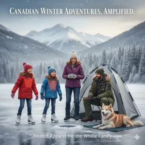 A Canadian family ice skating and ice fishing comfortably while wearing battery-powered heated outerwear.