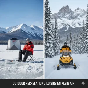 Illustration of a heated jacket used for Canadian leisure activities like ice fishing or hiking in the Rockies.