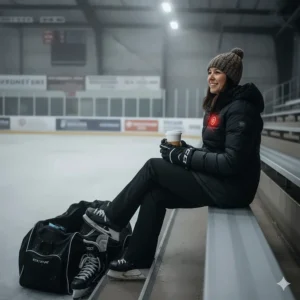 A parent staying warm in a heated jacket while sitting on freezing metal arena bleachers during a local community hockey tournament.