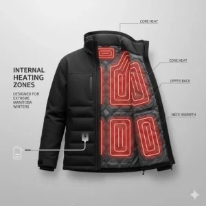 Illustration showing the internal carbon fiber heating zones of a heated jacket designed for extreme Manitoba winters.