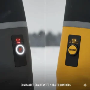 Illustration of the LED heat controller buttons (High, Medium, Low) common on heated workwear available in Canada.