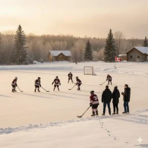 Canadian parents standing by a frozen pond wearing heated jackets while their children play outdoor pond hockey on a winter day.