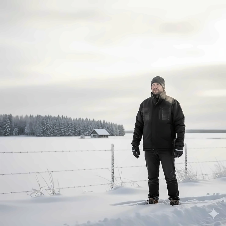 A man wearing a black battery-heated jacket standing in a snowy Saskatchewan field during a cold winter day. heated jacket saskatchewan manitoba